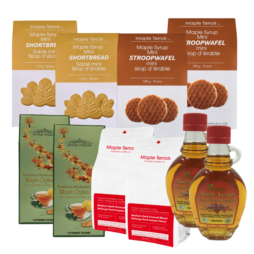 Maple Tea Party Home Set featuring maple shortbread, stroopwafels, tea bags, ground coffee, and organic maple syrup.