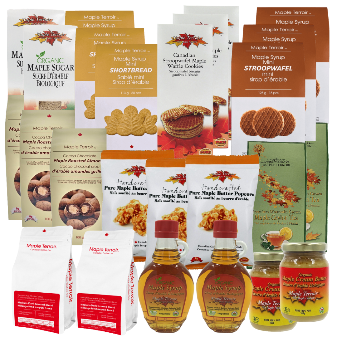 Maple Mega Combo Gift Set featuring various maple products including syrup, popcorn, stroopwafels, and cookies.