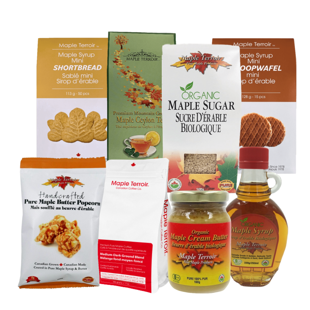 Maple Treat Home Set featuring maple butter popcorn, syrup, cookies, stroopwafels, and organic maple sugar.