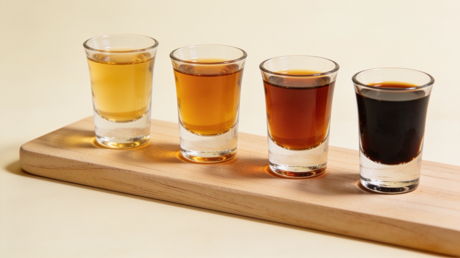 Four glasses of pure maple syrup showing the Grade A color range from Golden to Amber to Dark to Very Dark on a wood board