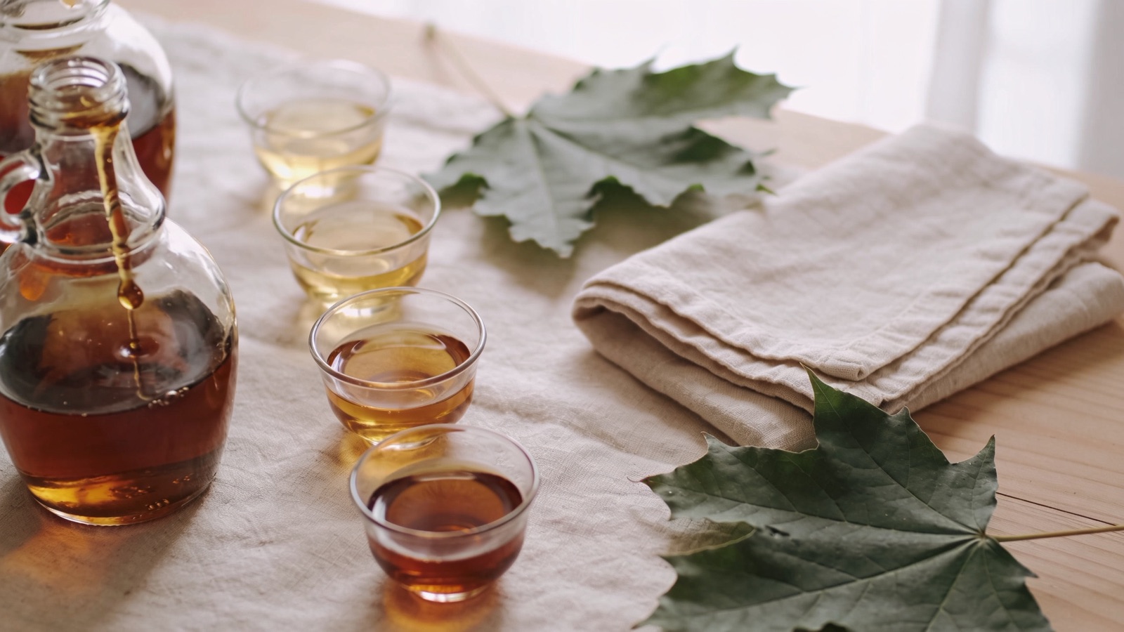 Pure maple syrup poured into small tasting glasses in graduated shades from light gold to deep amber, with maple leaves and linen on a wood table