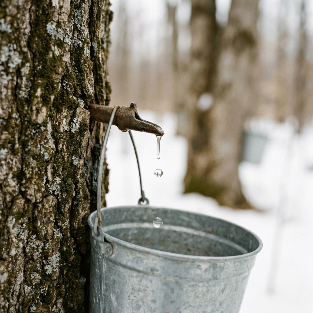 Canadian maple syrup sap dripping into a collection bucket in a Quebec sugar bush