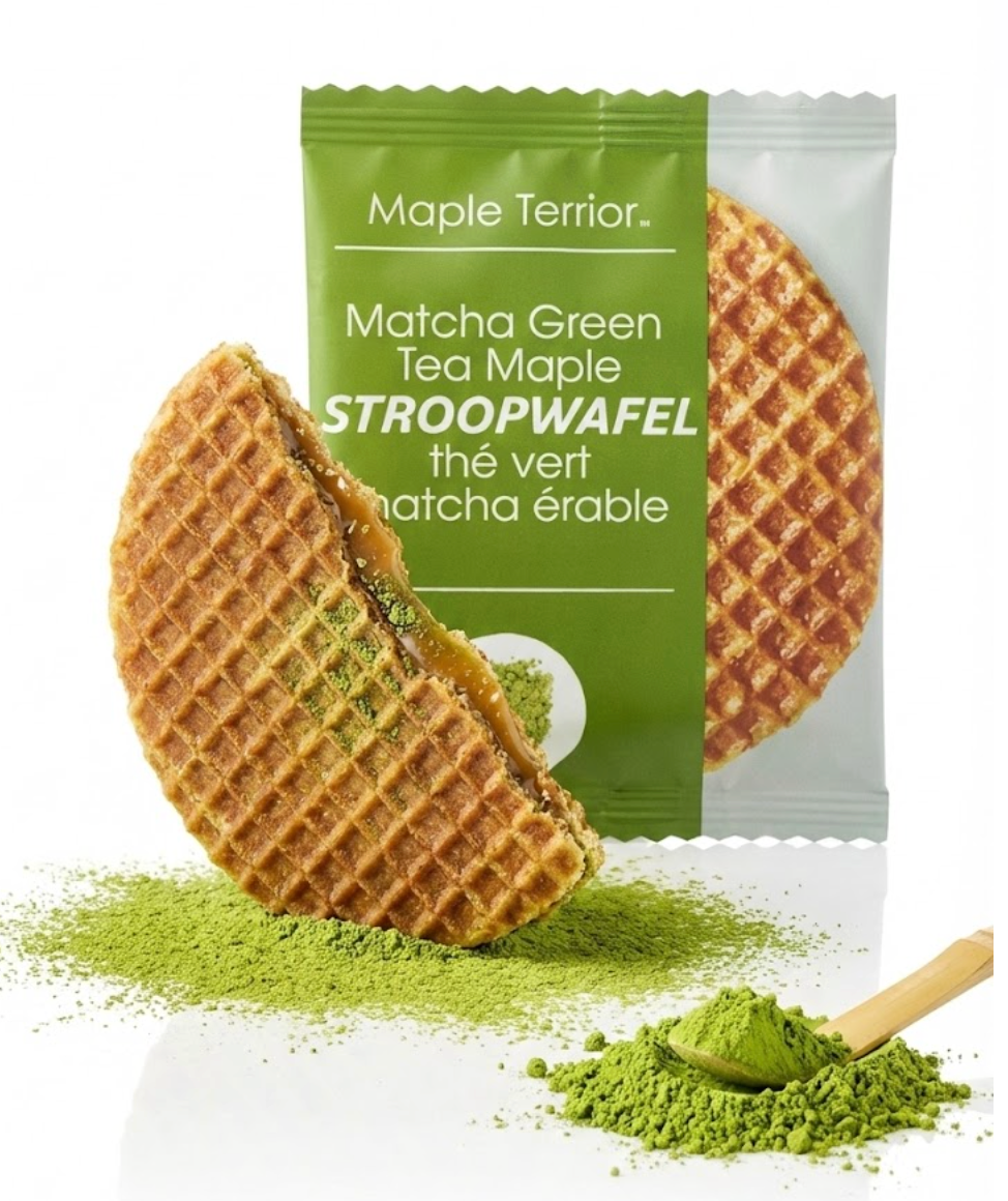 Matcha green tea maple stroopwafel packaging with a stroopwafel and matcha powder on a white background