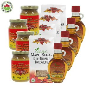 Maple Organic Heaven Home Set with syrup, sugar, and cream butter jars, showcasing 100% certified organic products.