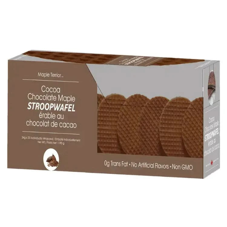 Cocoa Chocolate Maple Stroopwafels box containing 34g individually wrapped treats, non-GMO and free from artificial flavors.