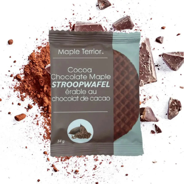 Cocoa Chocolate Maple Stroopwafel box with cocoa powder and chocolate pieces, 34g, wholesome, Kosher snack.
