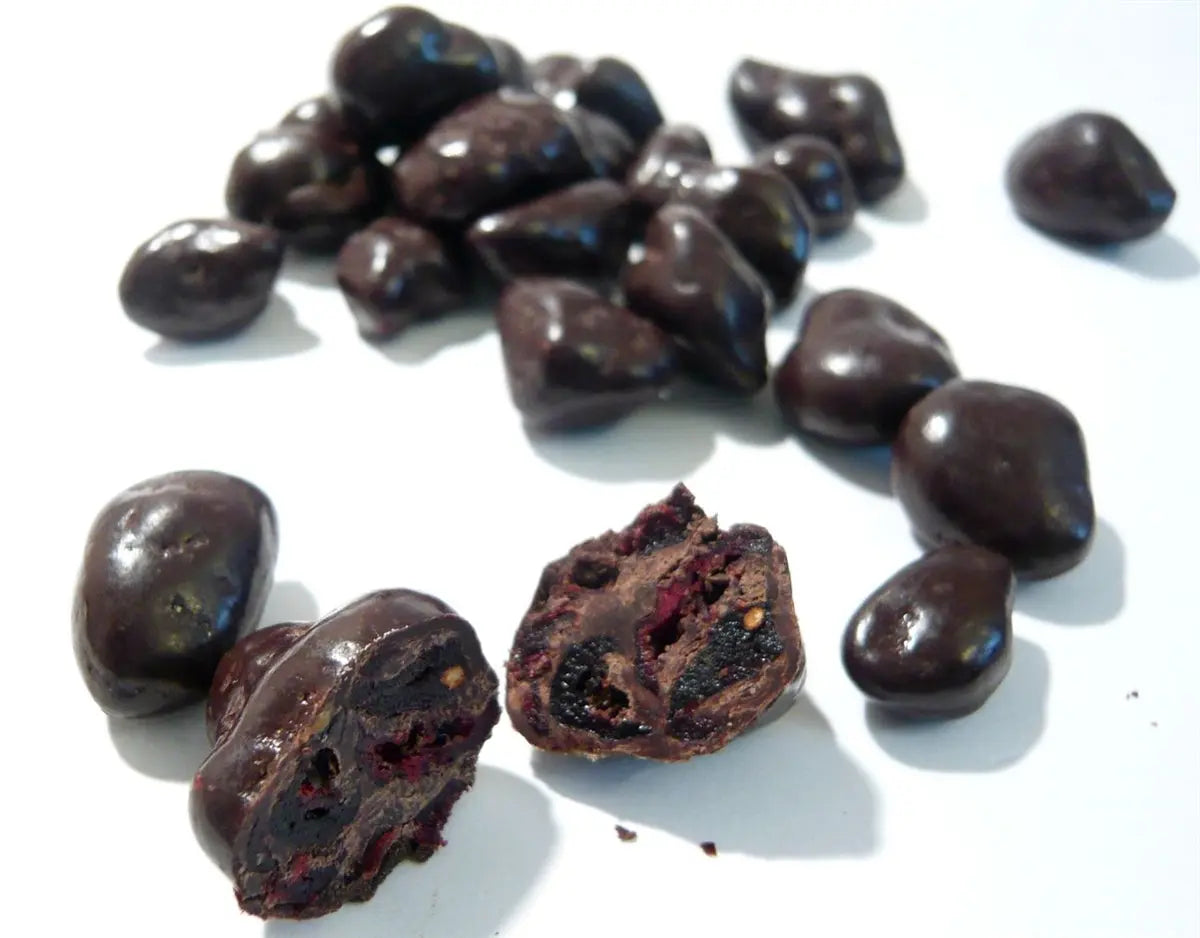 dark chocolate covered cranberries with pure maple syrup