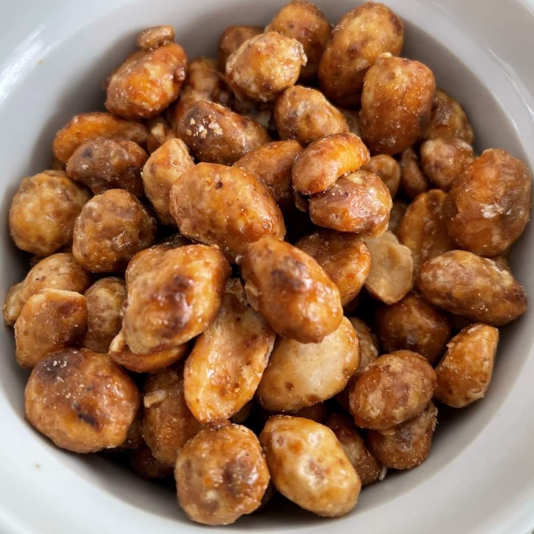 maple syrup & sea salt roasted peanuts in a bowl