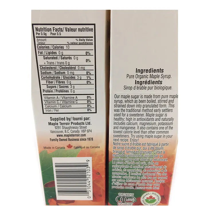 organic maple sugar nutrition and ingredient label