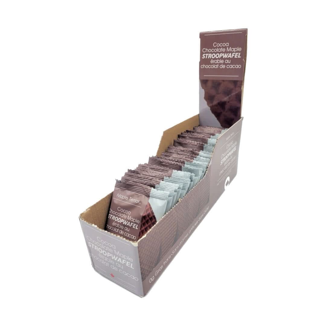 Box of Cocoa Chocolate Maple Stroopwafels, individually wrapped treats made with cocoa and maple syrup.